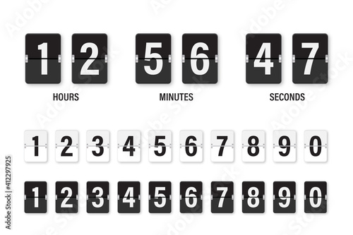 Clock countdown display. Set numbers flip watch. Black and white date counter flip display isolated on white background.
