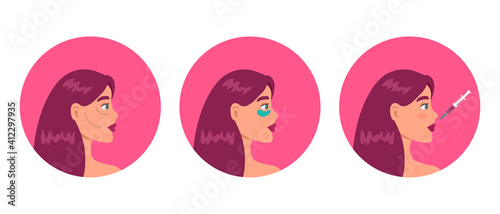 Cosmetology procedure set beauty injection, plastic surgery, lip fillers, hyaluronic acid, eye patches, face mask. Collection of girls in beauty industry. Vector illustration.