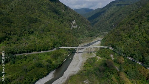 bridge for cars Abkhazia. Gumista river Aerial view resort town, Abkhazia, Georgia photo