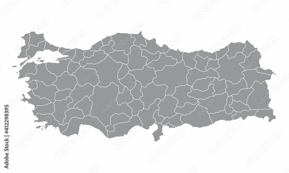 The Turkey isolated map divided in provinces