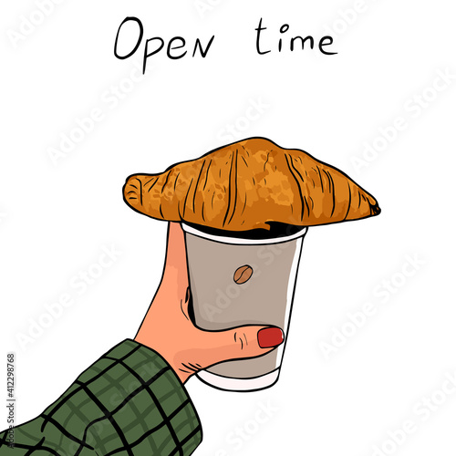 Woman's hand holding Paper coffee cup with croissant isolated on white background. Good morning concept. Vector card design with empty space for text