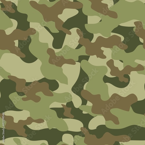green Military camo seamless pattern. Forest background on textile. Stylish new design. Ornament. Vector