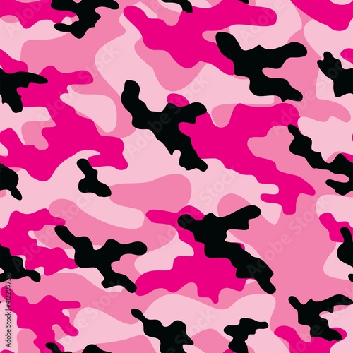 pink Military camo seamless pattern. Forest background on textile. Stylish new design. Ornament. Vector