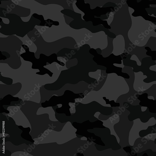 black Military camo seamless pattern. Forest background on textile. Stylish new design. Ornament. Vector