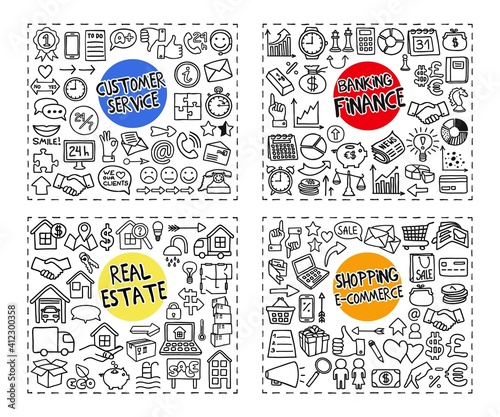 Finance and Banking, Customer Service, Real Estate and Shopping doodle icons set