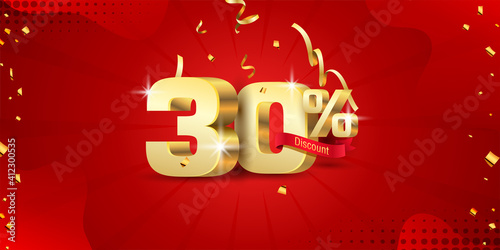 30% 3D discount banner with ribbon and confetti on red abstract background
