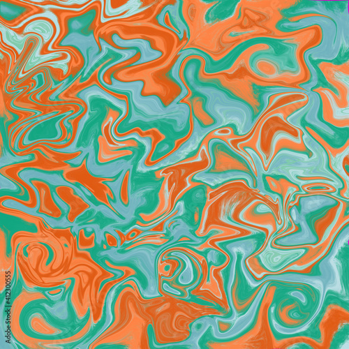 Fluid abstract background. Bright liquid texture in green and orange colors.