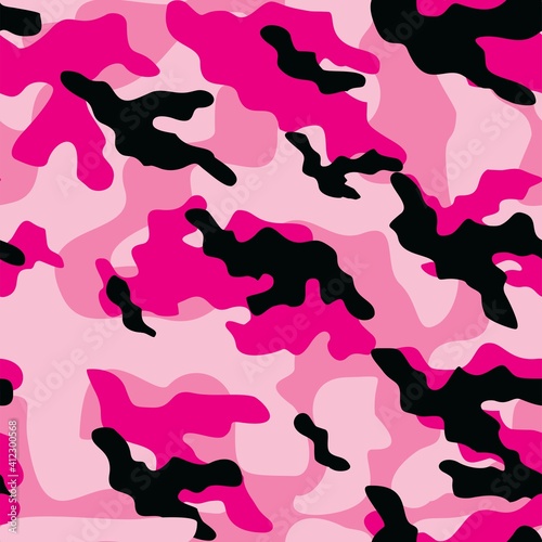 pink Military camo seamless pattern. Forest background on textile. Stylish new design. Ornament. Vector
