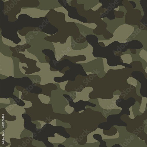 green Military camo seamless pattern. Forest background on textile. Stylish new design. Ornament. Vector