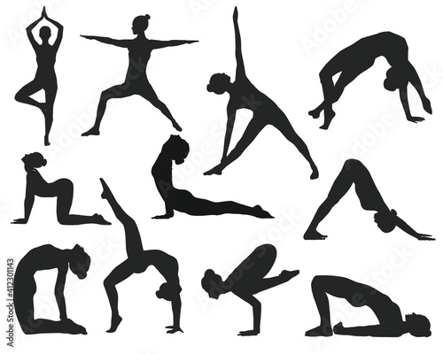 vector set of yoga pilates poses in black on white background