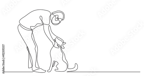 continuous line drawing of man wearing face mask petting dog