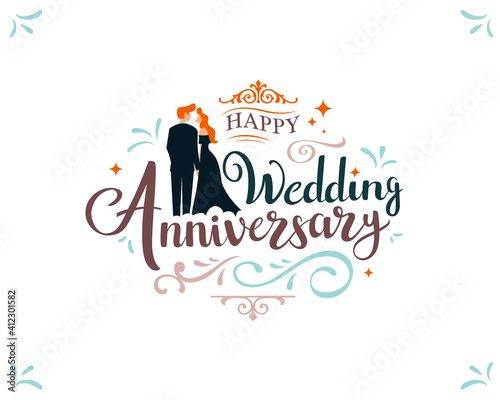Happy Wedding Anniversary decorative, floral vector design with beautiful lettering and a couple