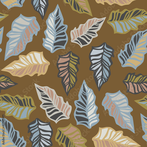 Abstract elegant seamless pattern of lined botanical floral motifs leaves in brown tones