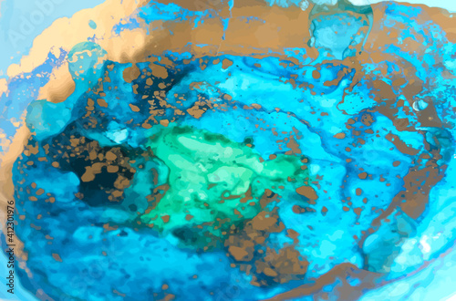 Liquid ink, abstract background in gold, blue and green colours © EvgeniyBobrov