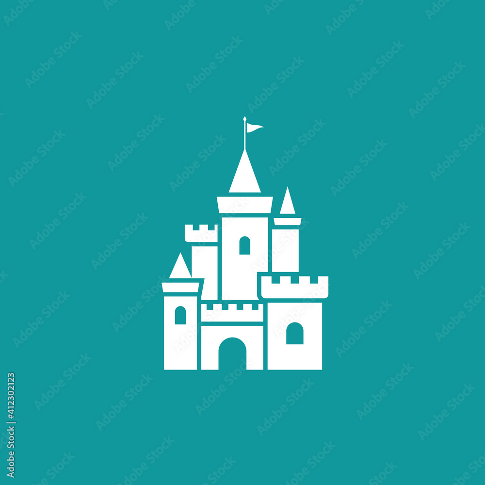 White castle with flag icon. Tower, fortress. Fairy tale, magic, fantasy logo.