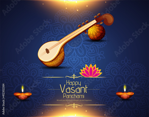 Illustration of happy vasant panchami indian festival background with Easy to edit vector illustration of Goddess Saraswati 