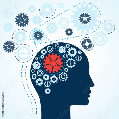 Human brain functioning concept. Human head with gears.  The uniqueness and complexity of the thought process.