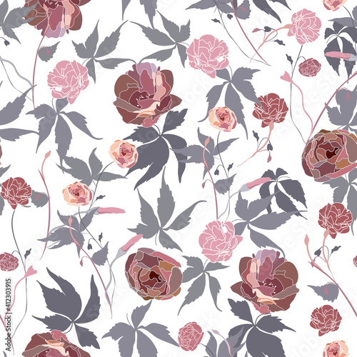 Vector seamless pattern with fancy mix of flowers and leaves, for textile, wallpaper, wrapping. There are 3 companion patterns - narrow lanes for ribbons and round wreath for plate, pillow, wall clock
