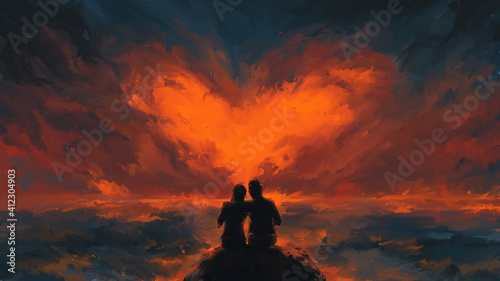 canvas print motiv - Wachirawit : Scene of couple looking heart-shaped clouds , valentine day, romantic ,digital art, Illustration painting.