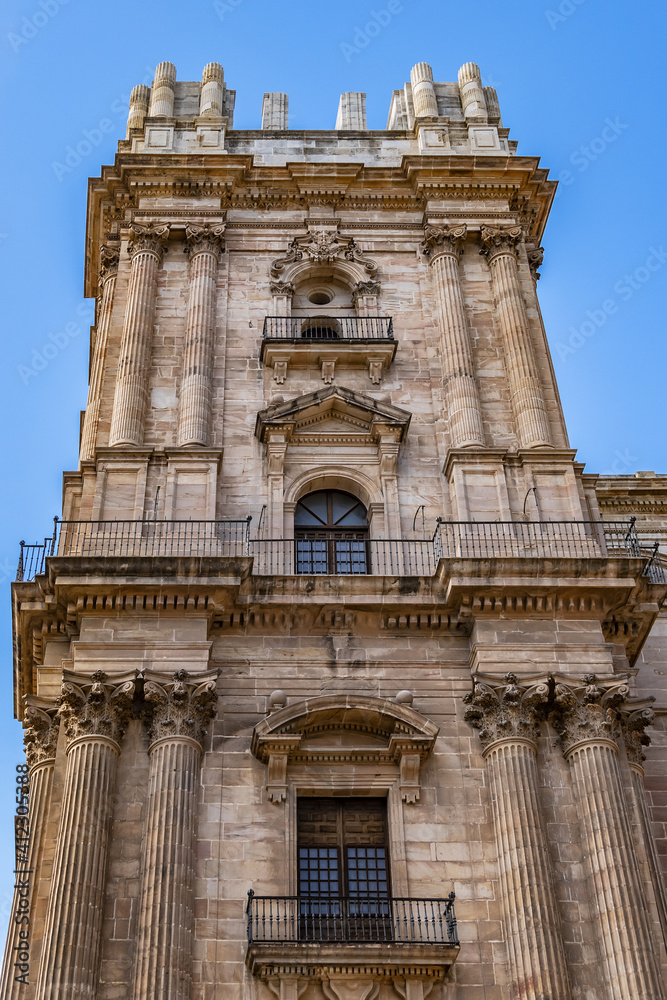 View of North facade of Cathedral of Malaga. Renaissance Cathedral - Roman Catholic Church in the city of Malaga, constructed between 1528 and 1782. Malaga, Costa del Sol, Andalusia, Spain. View of North facade of Cathedral of Malaga. Renaissance Cathedral - Roman Catholic Church in the city of Malaga, constructed between 1528 and 1782. Malaga, Costa del Sol, Andalusia, Spain.