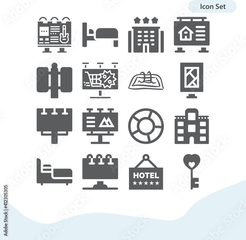 Simple set of accommodations related filled icons.