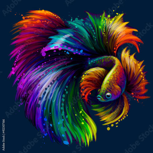 Tropical fish. Abstract, neon, graphic portrait of a fighting fish on a dark blue background in watercolor style. Digital vector graphics.