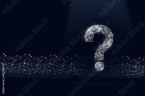 Virtual low poly hologram question mark with shine on digital dark blue background, future technology concept.