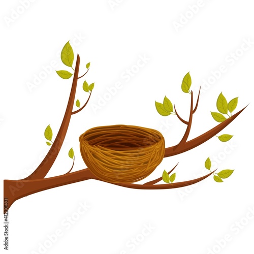 Empty bird nest from twigs on tree branch with leaves isolated on white background. Spring time, vector clipart, brown wooden construction, home from sticks. Detailed, bright object.