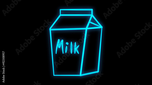 Glowing neon line Paper package for milk icon isolated on brick wall background. Milk packet sign. Illustration
