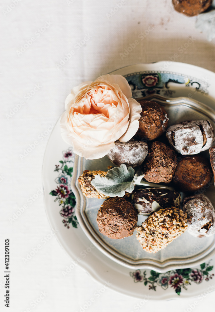 Stylized plate of Belgian chocolate truffles