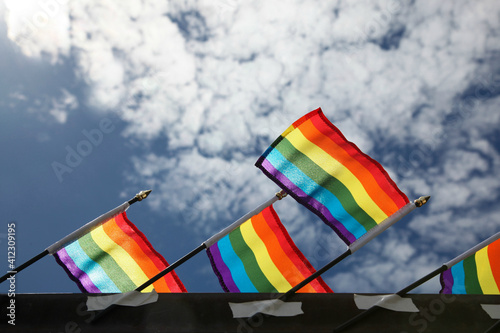 Gay pride flags in support of the LGBTQ community photo