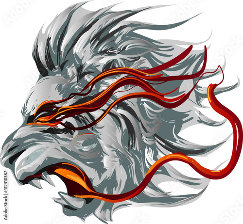 Fantasy vector illustration profile view of black and white lion animal head with red flame stripes.