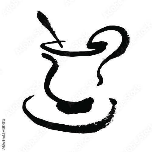 A cup of tea or coffee hand-drawn in ink, vector illustration. The silhouette of a cup on a saucer drawn with paint strokes.
