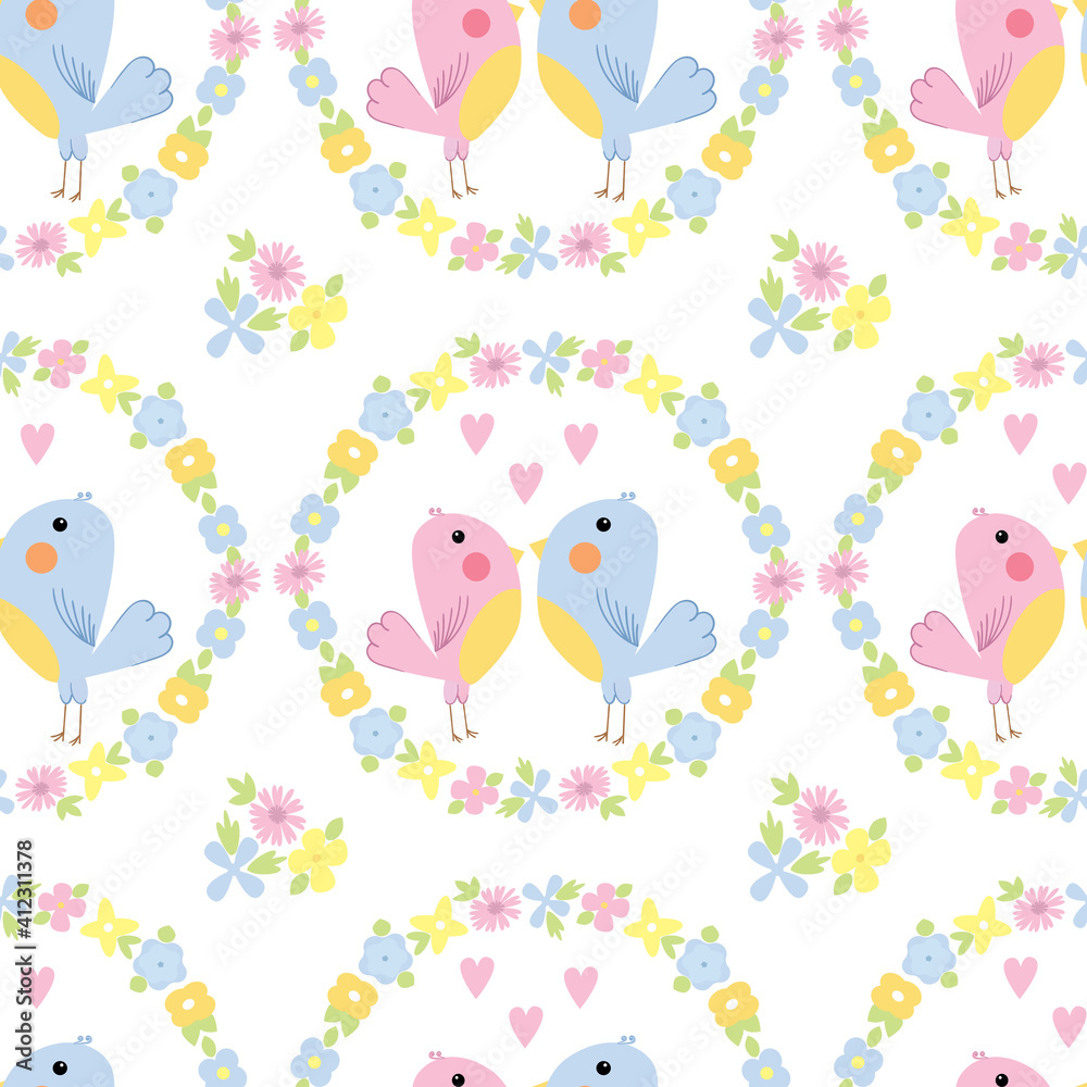 Seamless vector pattern with cute birds couple in frame of flowers on a white background. Childish pattern in blue, pink and yellow colors.