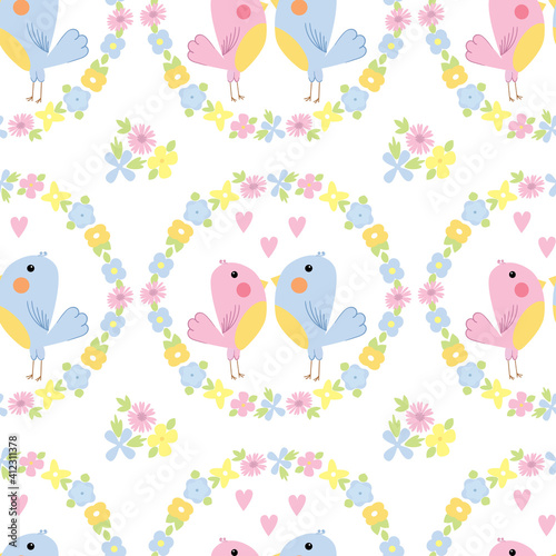 Seamless vector pattern with cute birds couple in frame of flowers on a white background. Childish pattern in blue, pink and yellow colors.