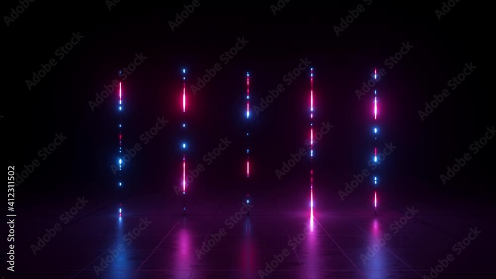 Looping animation of vertical lines glow with neon light, change colors in ultraviolet spectrum.