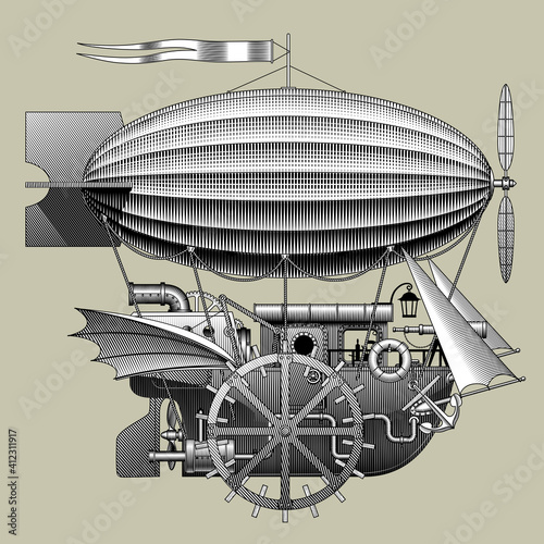 Engraved vintage drawing of a Steampunk complex fantastic flying ship. Retro technology concept. Vector illustration
