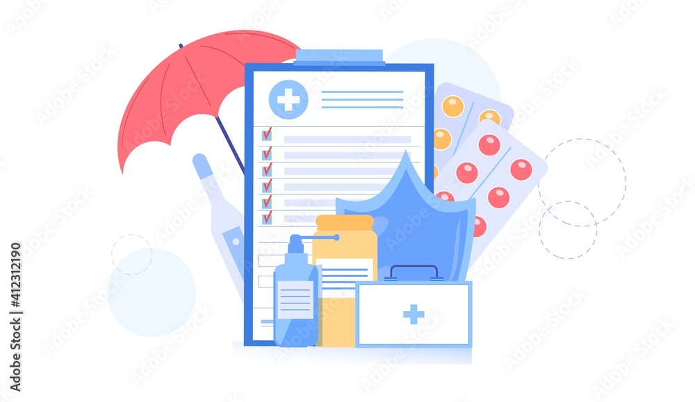 Vector cartoon flat health insurance policy contract,different medication drugs,pills and medical devices-health care treatment,online telemedicine,web site banner ad concept
