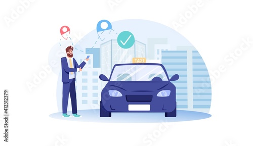 Vector cartoon flat man character order taxi,happy customer ordering online taxi with mobile phone app-car online service,web site banner ad,social media concept