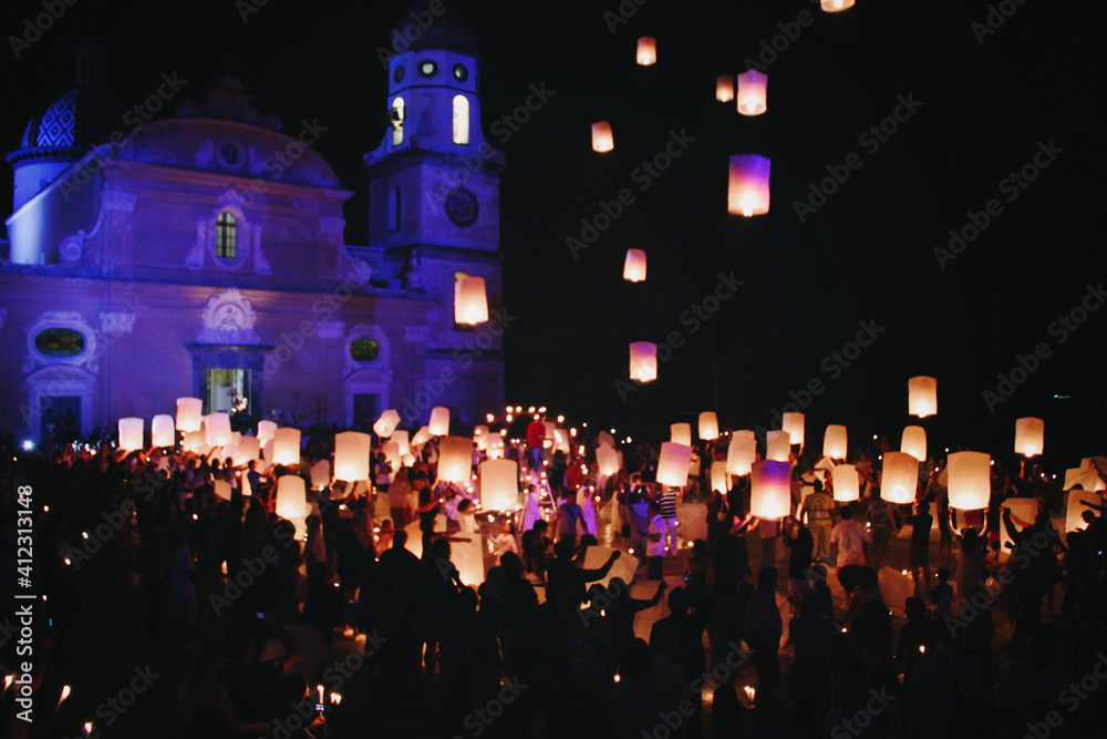 Italy, Amalfi Coast, Images of the festival of the flying lights of Praiano