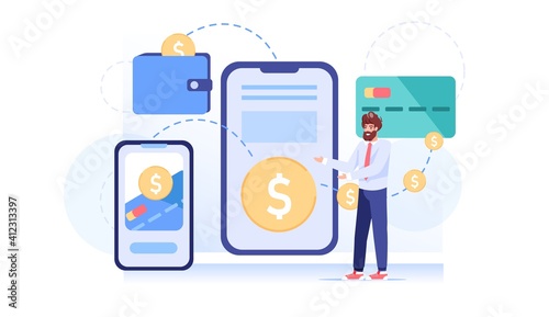 Vector cartoon flat man character transfer money online using mobile app. Happy customer send funds,make pay with credit card on smartphone screen-online payment,web site banner,social media concept
