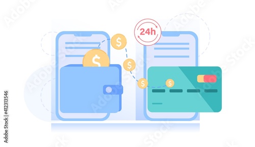 Vector cartoon flat credit card,wallet and smartphone screen.Money transfer,online order payment,personal funds management via mobile app-web site banner ad,financial,social media concept