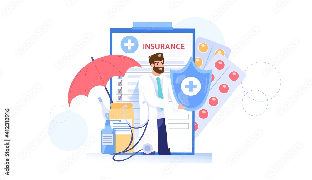 Vector cartoon flat doctor character offers health insurance.Physician specialist presenting,holding insurance policy contract-medical care treatment,online telemedicine,web site banner ad concept Vector cartoon flat doctor character offers health insurance.Physician specialist presenting,holding insurance policy contract-medical care treatment,online telemedicine,web site banner ad concept