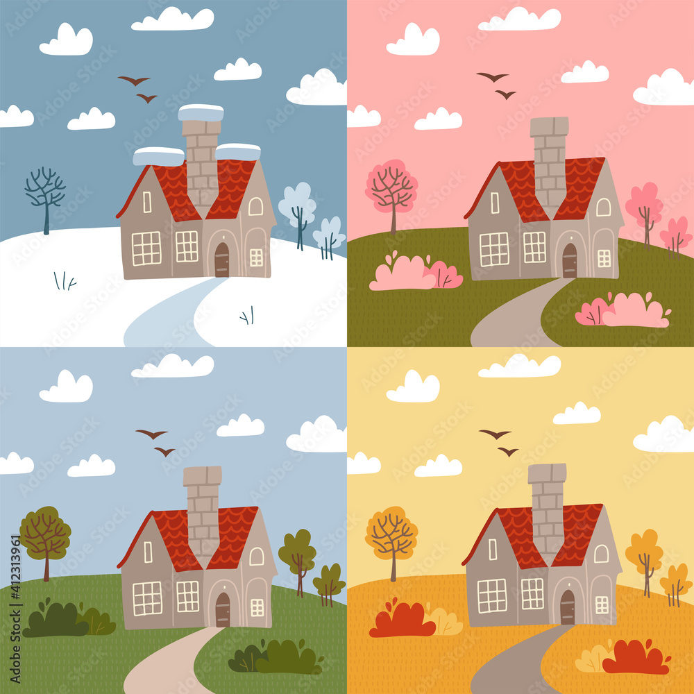 Stone house in different seasons - winter, spring, summer, autumn. Set ...