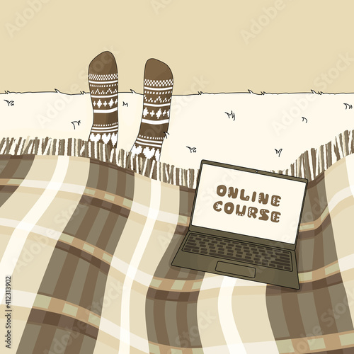 Vector brown outline laptop is on retro plaid on bed in bedroom at home. Online educational course lettering is shown on screen. Human starts learning something, legs in knitted socks are shown
