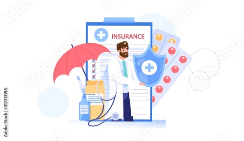 Vector cartoon flat doctor character offers health insurance.Physician specialist presenting,holding insurance policy contract-medical care treatment,online telemedicine,web site banner ad concept