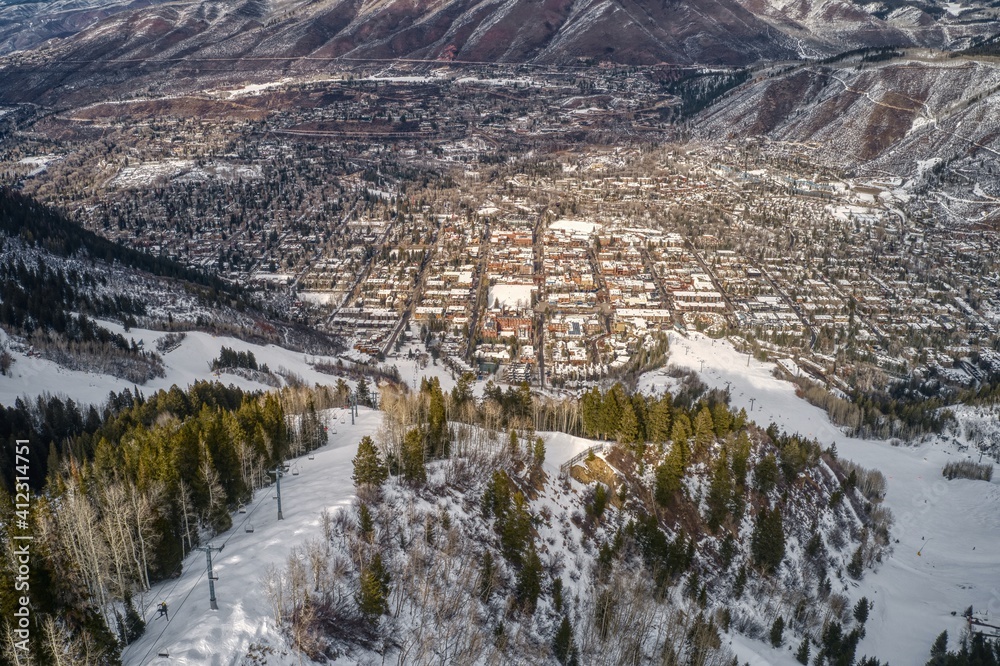 Aerial View of the world famous Colorado Ski Town during Winter