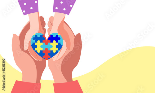 Heart puzzle symbol of autism in human hands. Concept for world autism day, help support children with autism. Banner with copy space. Stock vector illustration. 