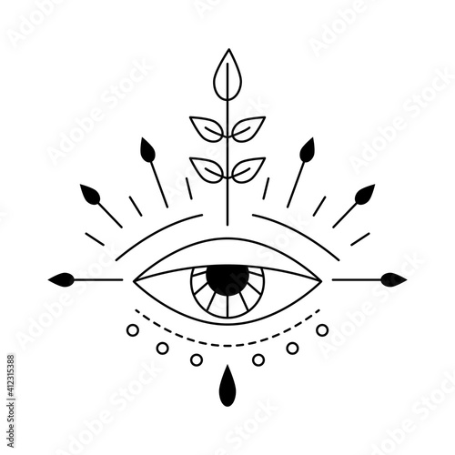 Vector illustration of beautiful mystic eye, providence sight. Magic witchcraft symbol. Geometric line evil eye amulet with leaves. Esoteric sign. Sacred geometry, occultism. Isolated on white