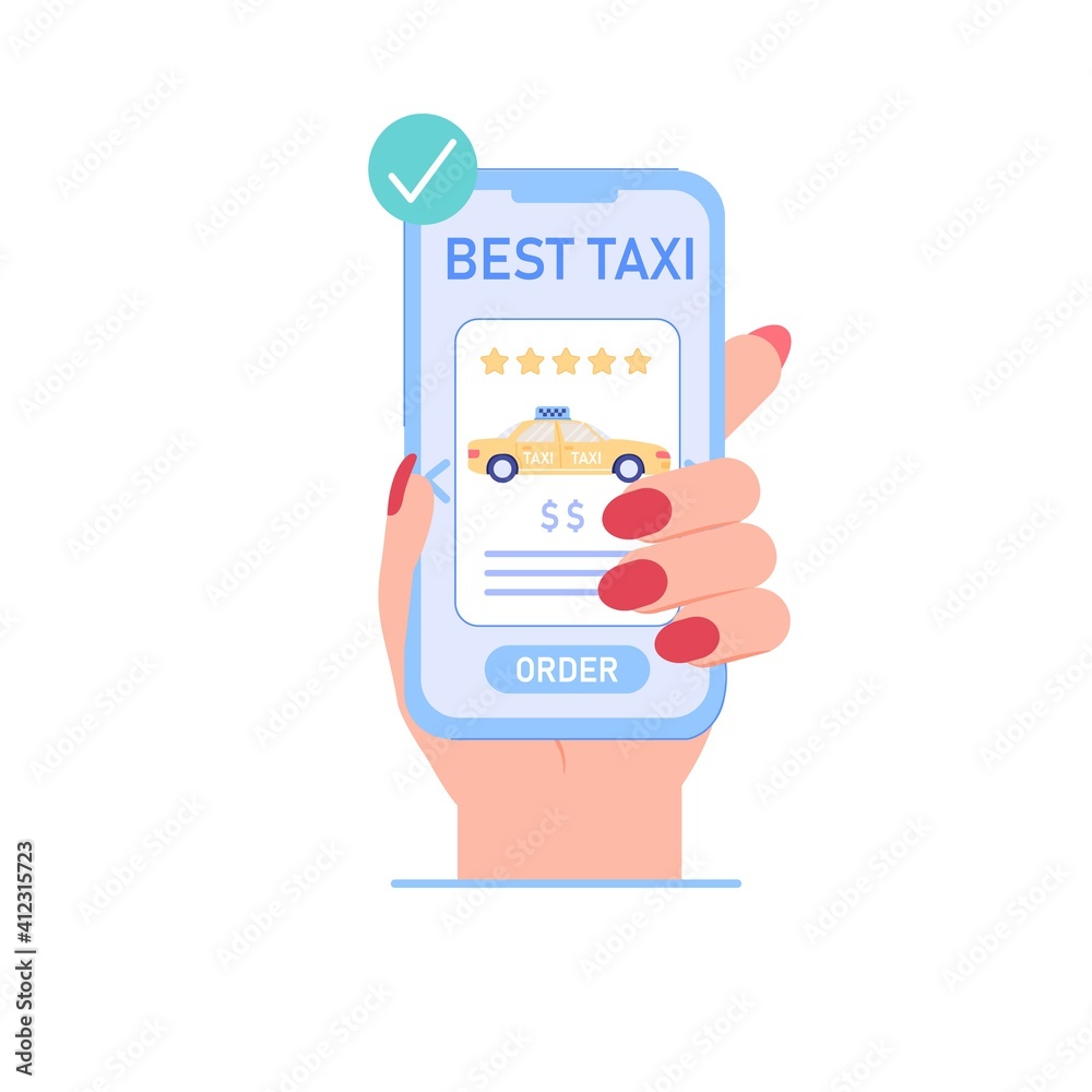 Vector cartoon flat taxi car,online order service on mobile app screen,smartphone in hand-web site banner ad,mobile application design,social media concept Vector cartoon flat taxi car,online order service on mobile app screen,smartphone in hand-web site banner ad,mobile application design,social media concept